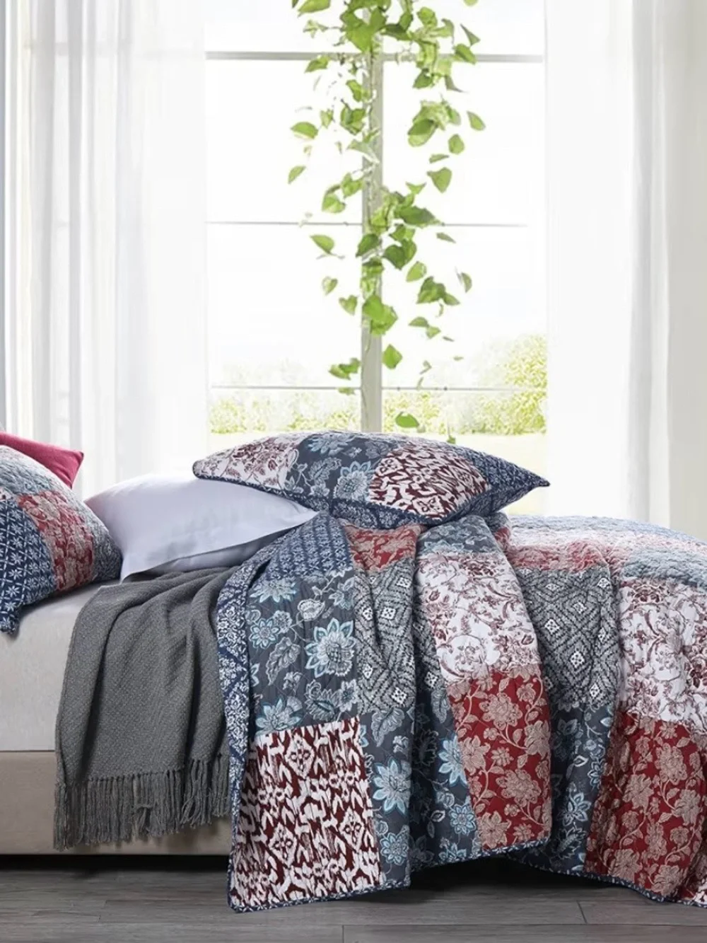 Patchwork Floral & Geometric Quilt Set in Red, Blue and Gray